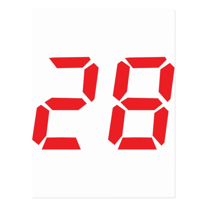 28 twenty eight red alarm clock digital number postcard