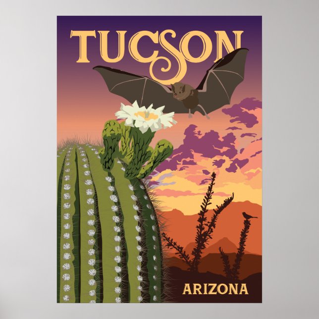 28"x20" Bat and Saguaro - Tucson, Arizona Poster (Front)