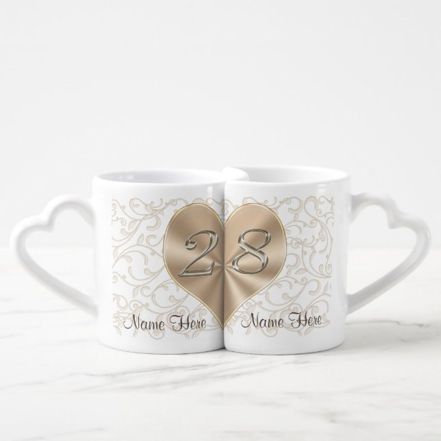 28 Year Wedding Anniversary Gifts, Heart Mugs (Front Nesting)