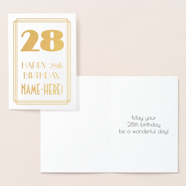 28th Birthday: Art Deco Inspired Look "28" & Name Foil Card (Display)
