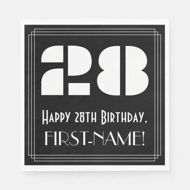 28th Birthday: Art Deco Inspired Look "28" + Name Napkins (Front)