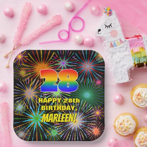 28th Birthday Colorful Fun Celebratory Fireworks Paper Plates