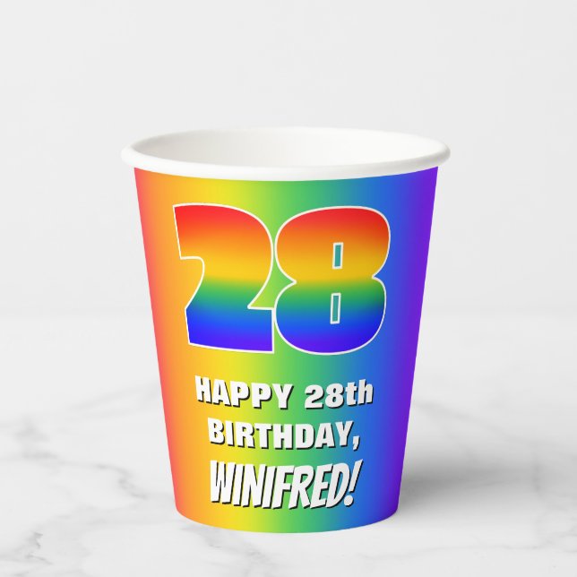 28th Birthday: Colorful, Fun Rainbow Pattern # 28 Paper Cups (Front)