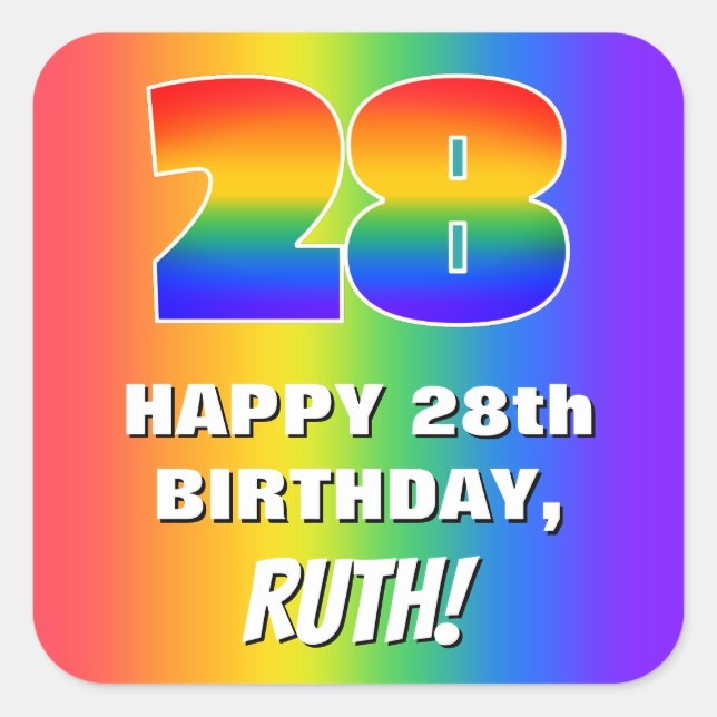 28th Birthday: Colorful, Fun Rainbow Pattern # 28 Square Sticker (Front)