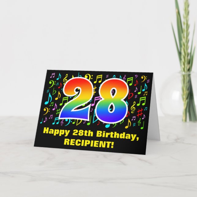 28th Birthday: Colorful Music Symbols & Rainbow 28 Card (Front)