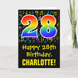 28th Birthday: Colorful Music Symbols + Rainbow 28 Card