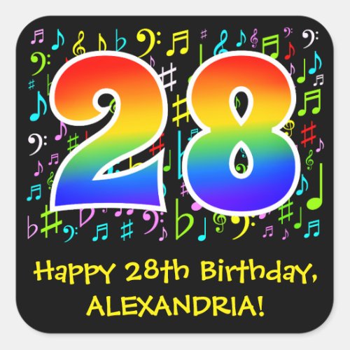 28th Birthday Colorful Music Symbols Rainbow 28 Square Sticker