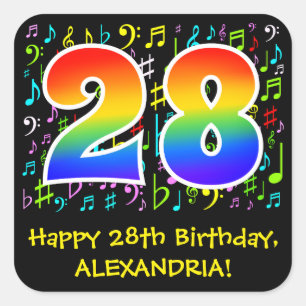 28th Birthday: Colorful Music Symbols, Rainbow 28 Square Sticker
