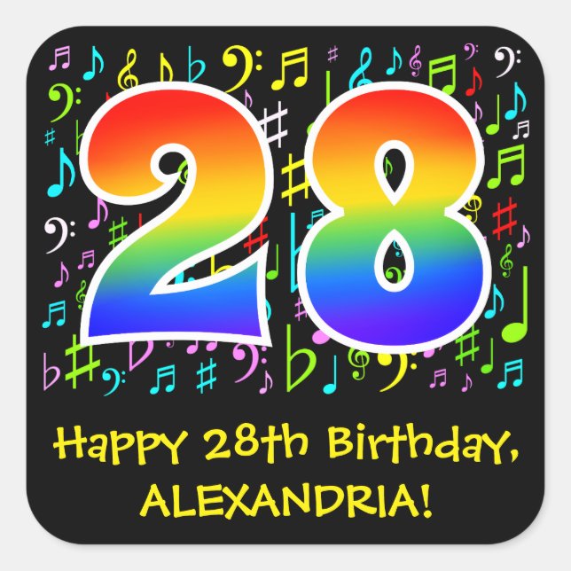 28th Birthday: Colorful Music Symbols, Rainbow 28 Square Sticker (Front)