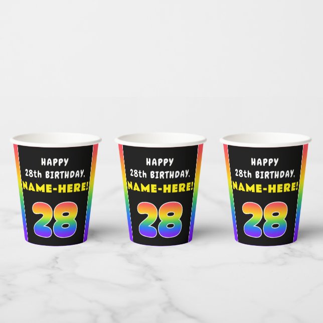 28th Birthday: Colorful Rainbow # 28, Custom Name Paper Cups (Multi)