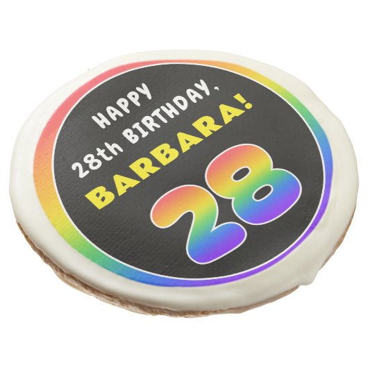 28th Birthday: Colorful Rainbow # 28, Custom Name Sugar Cookie (Angled)