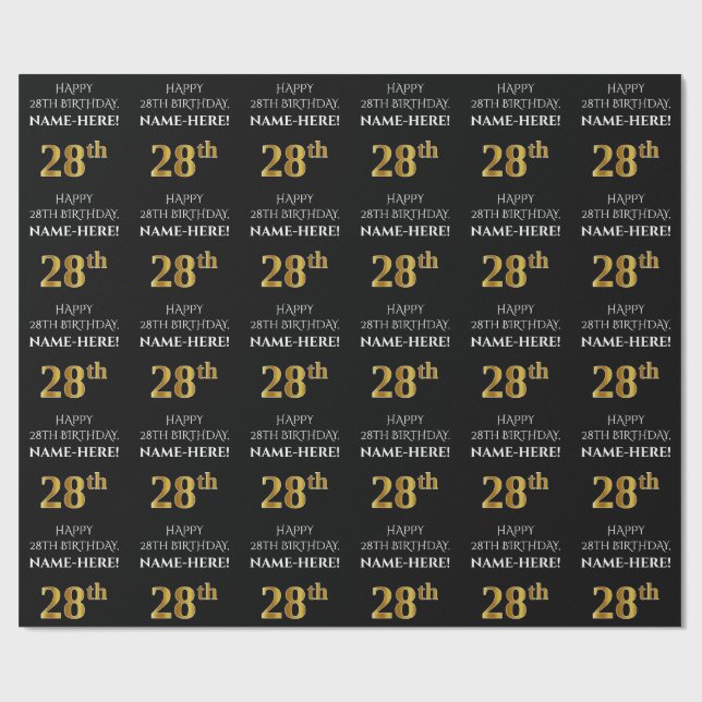28th Birthday: Elegant, Black, Faux Gold Look Wrapping Paper (Flat)