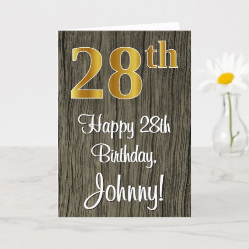 28th Birthday Elegant Faux Gold Look  Faux Wood Card