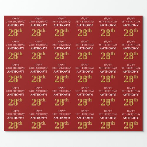 28th Birthday Elegant Red Faux Gold Look Wrapping Paper
