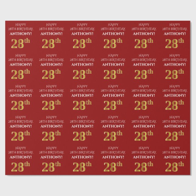 28th Birthday: Elegant, Red, Faux Gold Look Wrapping Paper (Flat)