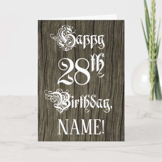 28th Birthday: Fancy, Elegant Text; Faux Wood Look Card (Front)
