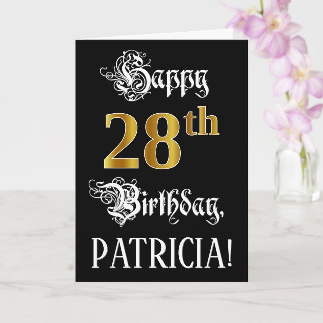 28th Birthday — Fancy Script; Faux Gold Look; Name Card (Orchid)