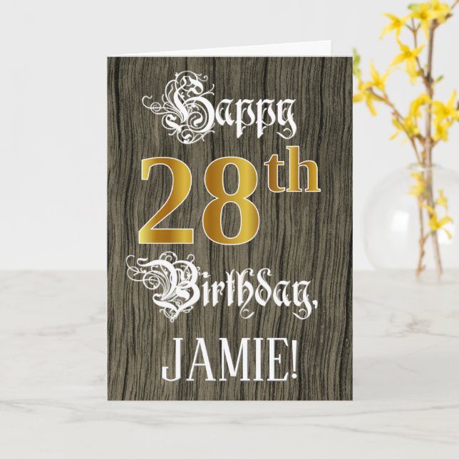 28th Birthday: Faux Gold Look + Faux Wood Pattern Card (Yellow Flower)