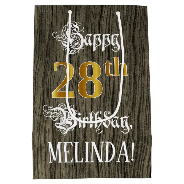 28th Birthday: Faux Gold Look & Faux Wood Pattern Medium Gift Bag (Back)