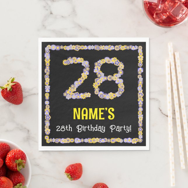 28th Birthday: Floral Flowers Number, Custom Name Napkins (Insitu)