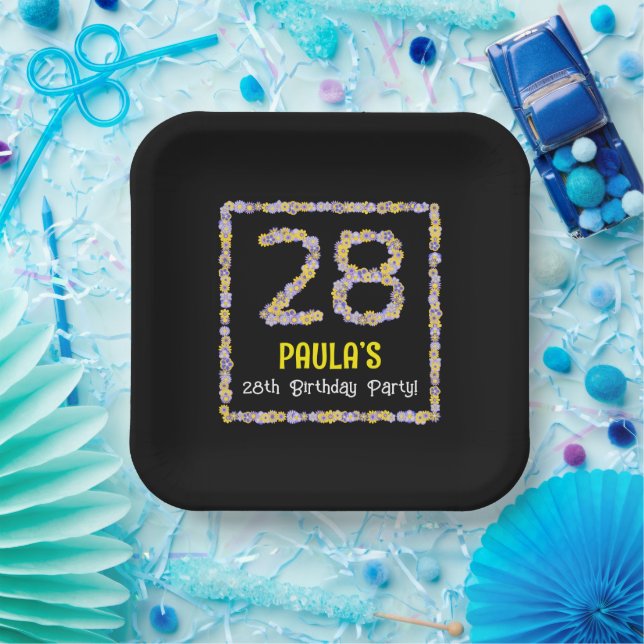 28th Birthday: Floral Flowers Number, Custom Name Paper Plates (Party)