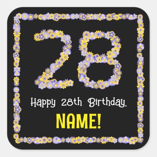 28th Birthday Floral Flowers Number Custom Name Square Sticker