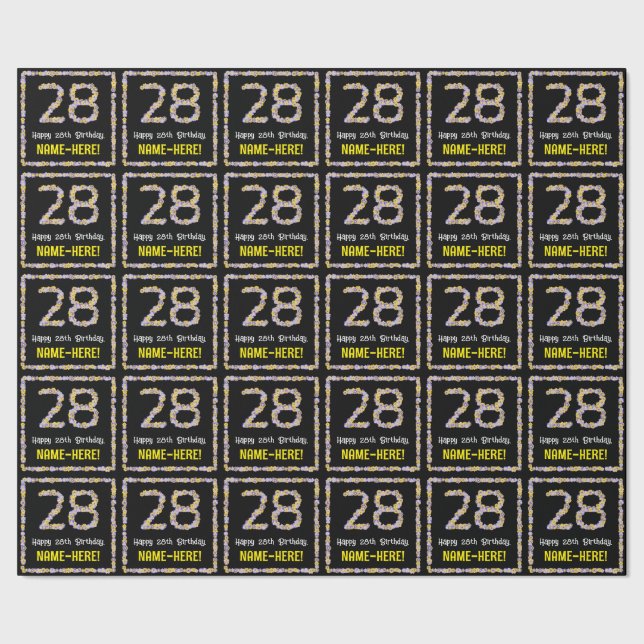 28th Birthday: Floral Flowers Number, Custom Name Wrapping Paper (Seam)