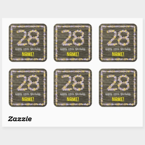 28th Birthday Floral Number Faux Wood Look Name Square Sticker