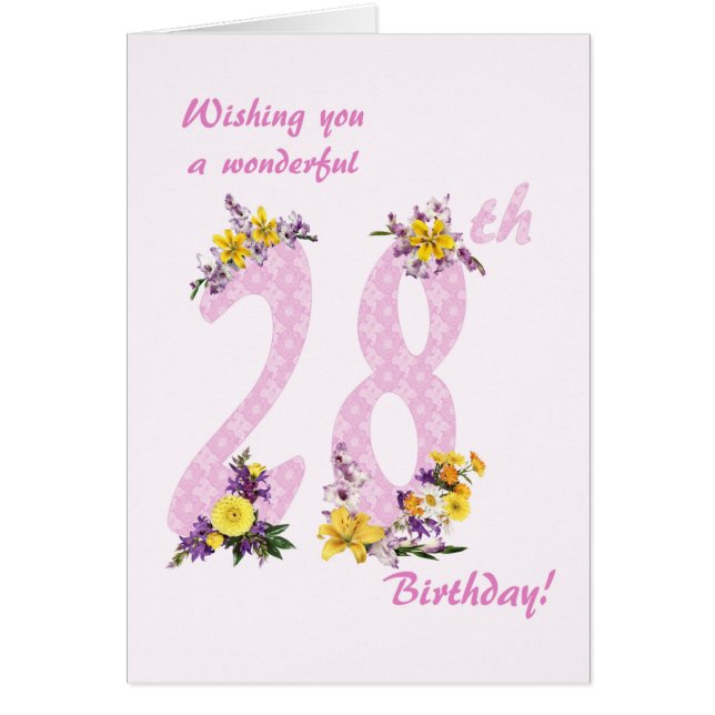 28th Birthday Flower Decorated Numbers Cards (Front)