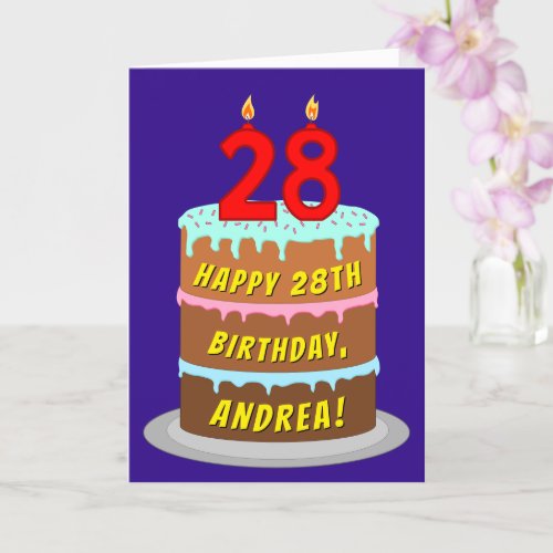 28th Birthday Fun Cake and Candles  Custom Name Card