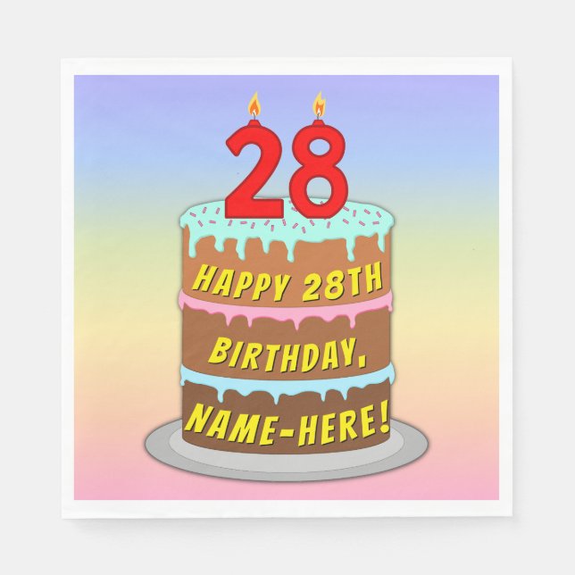 28th Birthday: Fun Cake and Candles + Custom Name Napkins (Front)