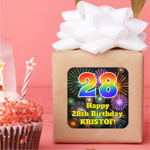 28th Birthday: Fun Fireworks Look, Rainbow # 28 Square Sticker