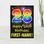 [ Thumbnail: 28th Birthday: Fun Fireworks Pattern + Rainbow 28 Card ]