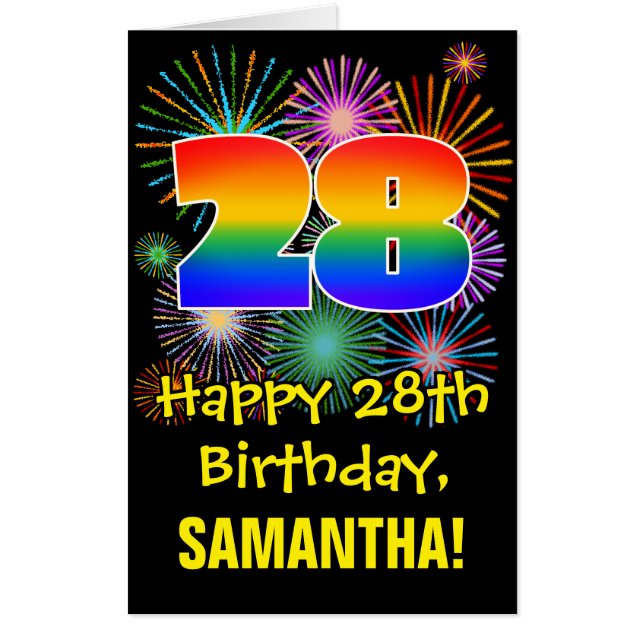 28th Birthday: Fun Fireworks Pattern & Rainbow 28 Card (Front)