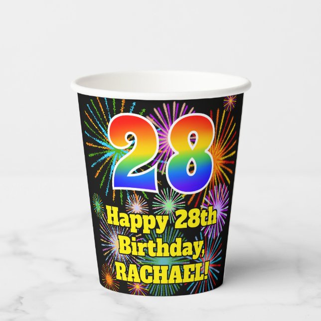 28th Birthday: Fun Fireworks Pattern + Rainbow 28 Paper Cups (Back)
