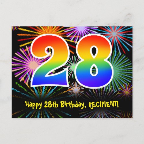 28th Birthday  Fun Fireworks Pattern  Rainbow 28 Postcard