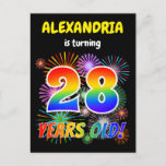 [ Thumbnail: 28th Birthday - Fun Fireworks, Rainbow Look "28" Postcard ]
