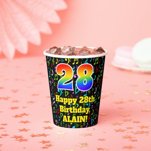 28th Birthday Fun Music Notes Pattern Rainbow 28 Paper Cups