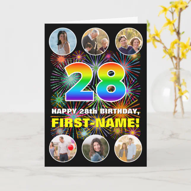 28th Birthday: Fun Rainbow #, Custom Name & Photos Card | Zazzle