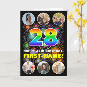 28th Birthday: Fun Rainbow #, Custom Name & Photos Card