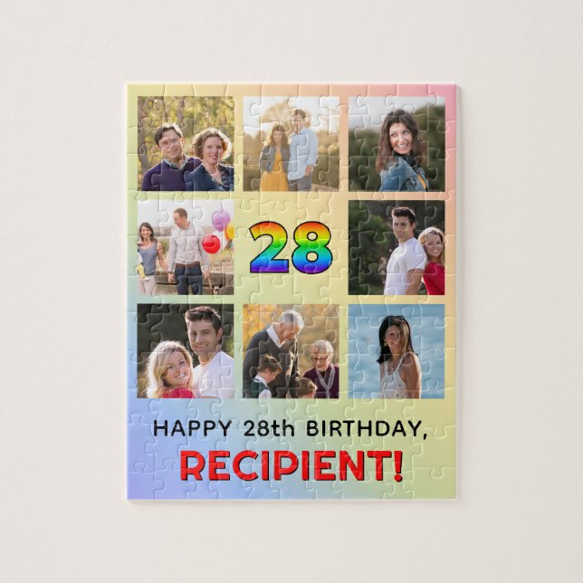 28th Birthday: Fun Rainbow #, Custom Name & Photos Jigsaw Puzzle (Vertical)