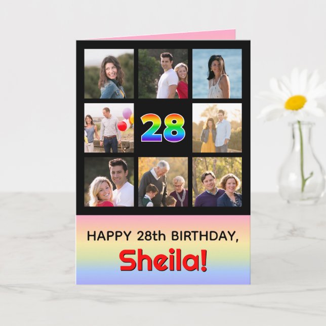 28th Birthday: Fun Rainbow #, Custom Photos + Name Card (Small Plant)