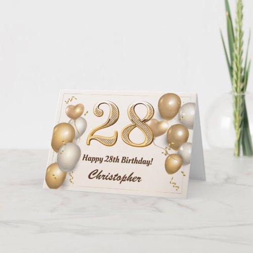 28th Birthday Gold Balloons and Confetti Birthday Card