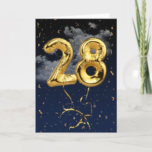 28th Birthday Gold Mylar Balloon and Confetti Card