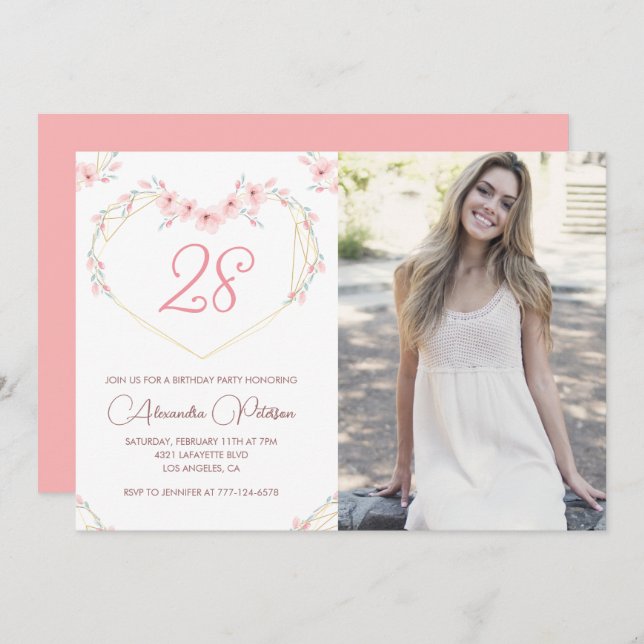 28th birthday invitations Boho Floral Photo (Front/Back)