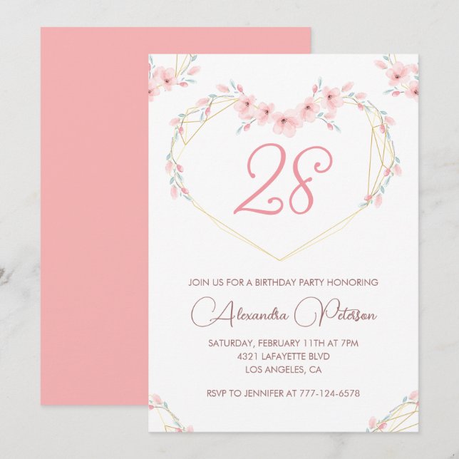 28th birthday invitations Boho Floral Pink (Front/Back)
