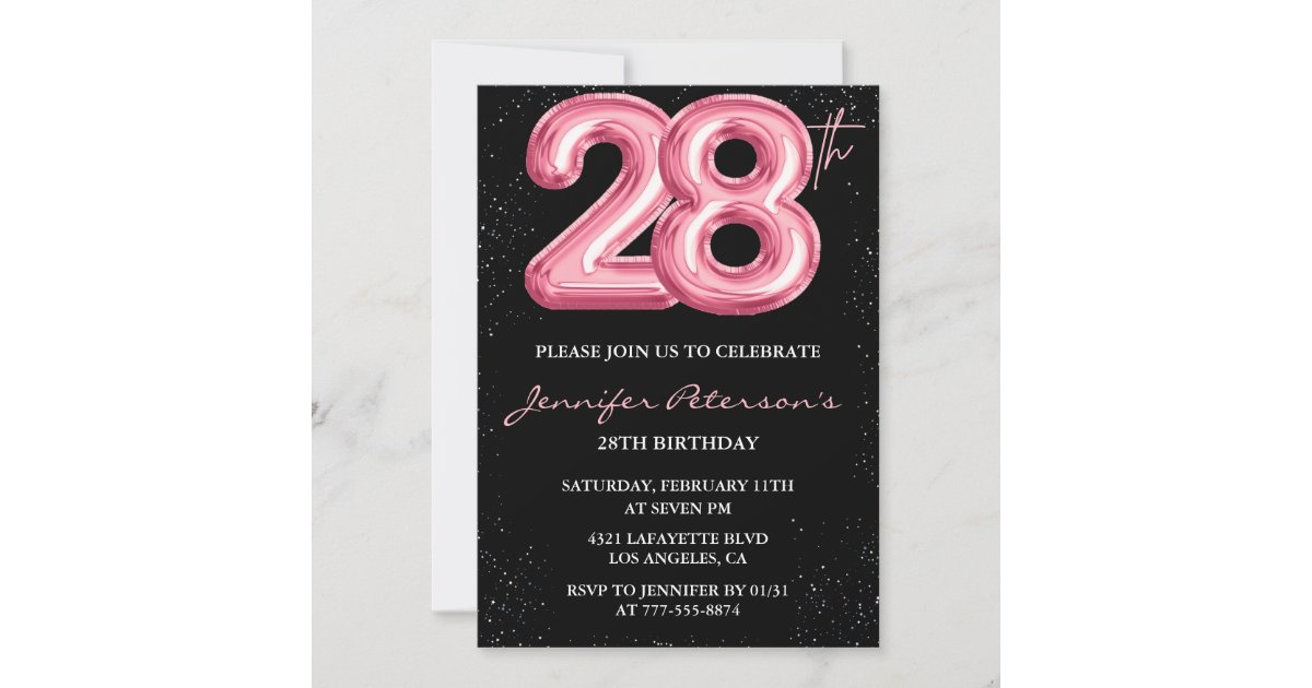 28th birthday invitations Pink Balloon Glam Black