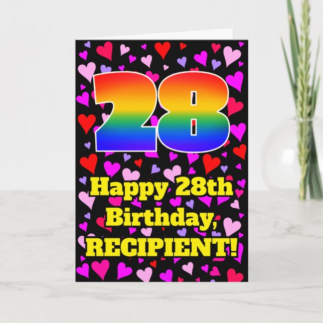 28th Birthday: Loving Hearts Pattern, Rainbow # 28 Card (Front)