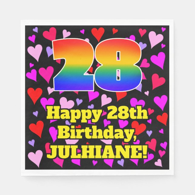 28th Birthday: Loving Hearts Pattern, Rainbow # 28 Napkins (Front)