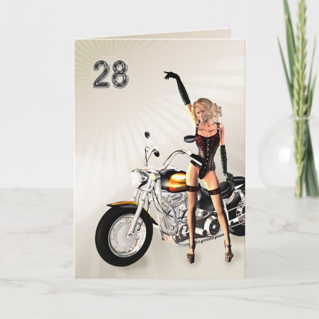 28th Birthday, Motorbike and Girl Card (Front)